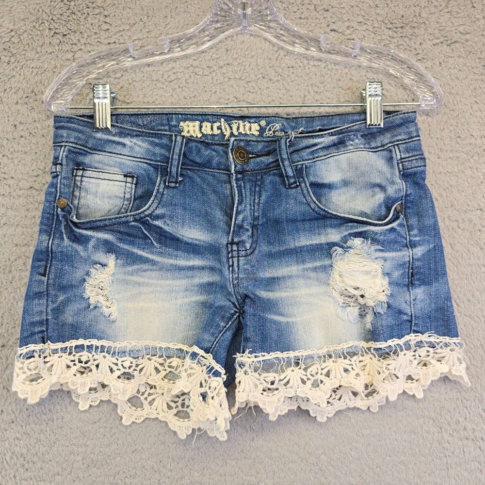 Vintage Machine Denim Shorts Womens‎ 28 Light Wash Scalloped Crochet Trim Ripped